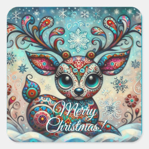 Whimsical Big Eyes Christmas Reindeer Folk Art Square Sticker