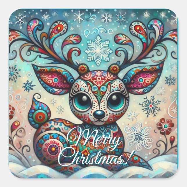 Whimsical Big Eyes Christmas Reindeer Folk Art Square Sticker (Front)