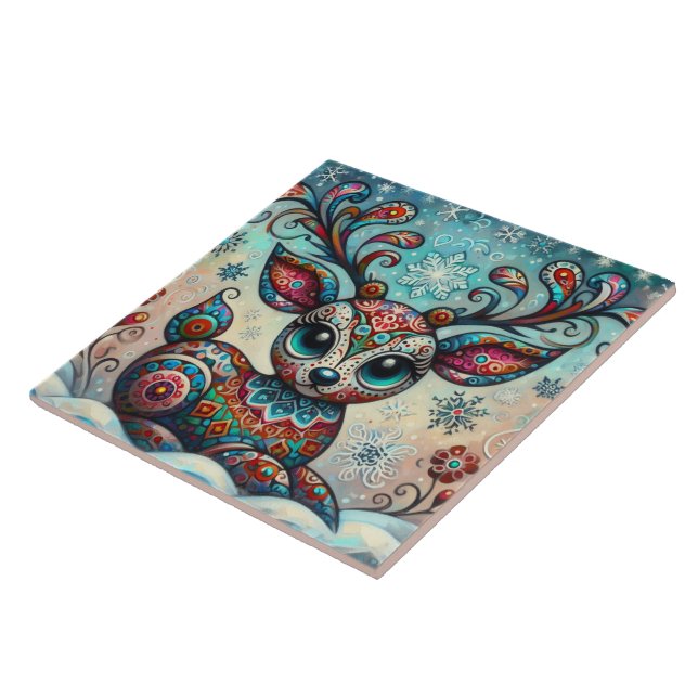Whimsical Big Eyes Christmas Reindeer Folk Art Tile (Side)