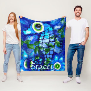 Whimsical Big-Eyes Seahorse Art Blue Personalised Fleece Blanket