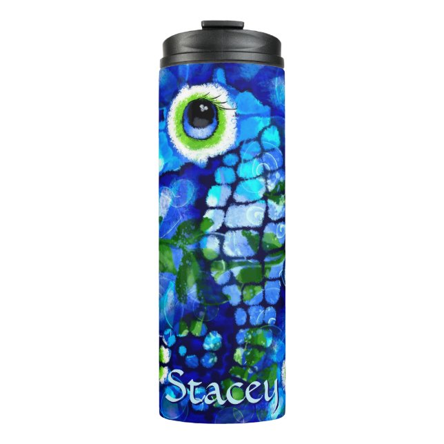Whimsical Big-Eyes Seahorse Art Blue Personalised Thermal Tumbler (Front)