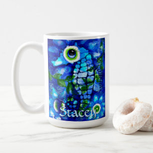Whimsical Big-Eyes Seahorse Art Blue Personalized Coffee Mug