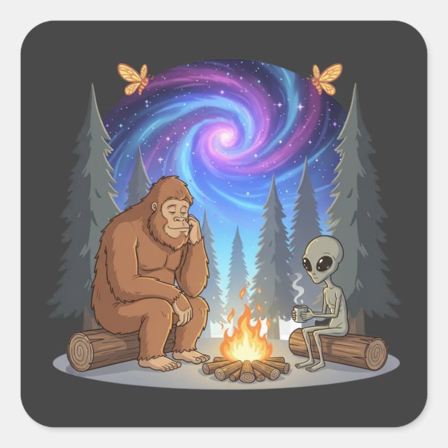 Whimsical Bigfoot and Alien Campfire Galaxy Square Sticker (Front)