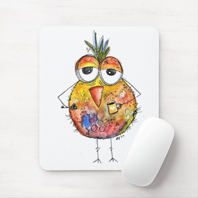 Whimsical Bird Drinking Coffee Mouse Mat (With Mouse)