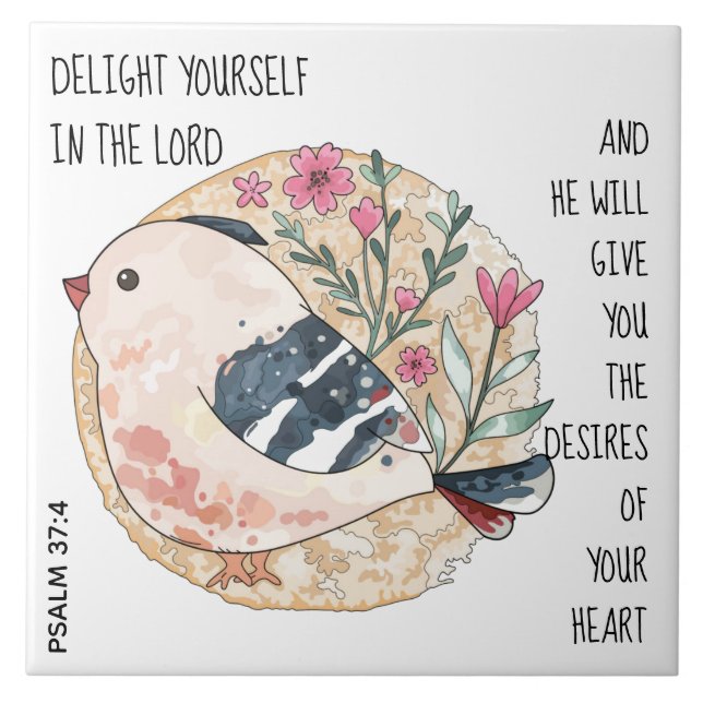 Whimsical bird & flowers, w/ verse from Psalm 37:4 Tile (Front)