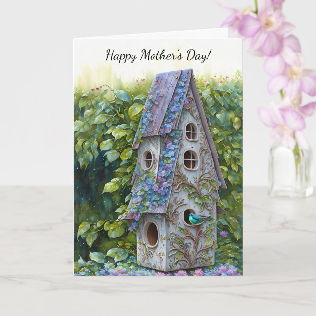 Whimsical Bird House Bird Mother's Day Card (Orchid)