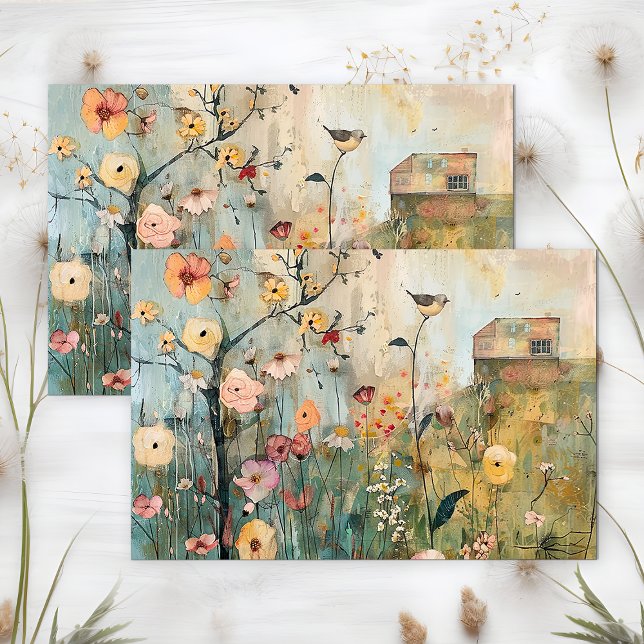 WHIMSICAL BIRD IN SPRING MEADOW DECOUPAGE TISSUE PAPER (WHIMSICAL BIRD IN SPRING MEADOW DECOUPAGE TISSUE PAPER)