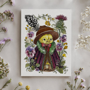 Whimsical Bird in Victorian Outfit with Wildflower Postcard