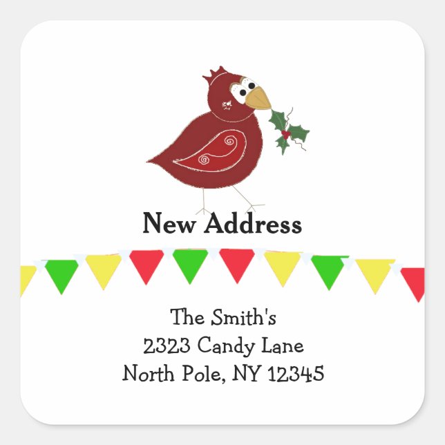 Whimsical Bird New Address Square Sticker (Front)