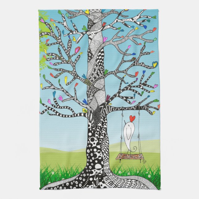 Whimsical Bird on a Tree Swing Kitchen Towel (Vertical)
