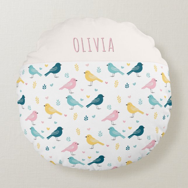 Whimsical Bird Pattern Personalized Pink & Teal Round Cushion (Front)