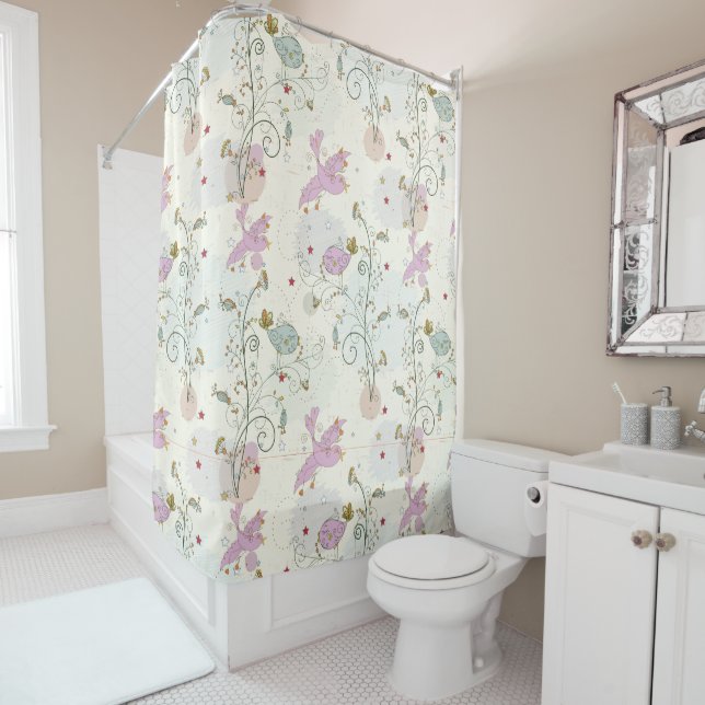 Whimsical Bird Pattern Shower Curtain (In Situ)
