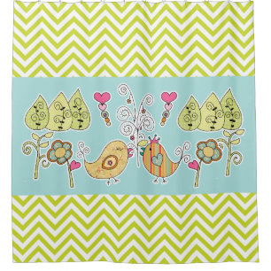 Whimsical Birds and Flowers Chevron Stripe Shower Curtain