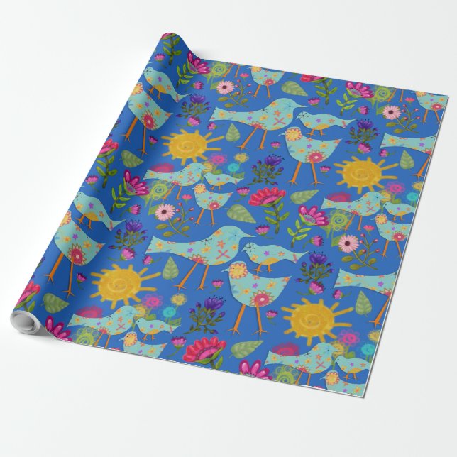 Whimsical Birds and Flowers Sunshine Day Wrapping Paper (Unrolled)