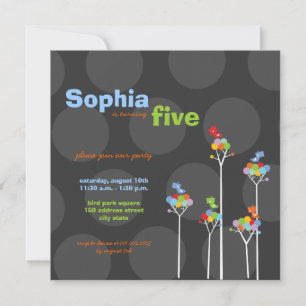 Whimsical Birds Dotted Trees Kids Birthday Party Invitation