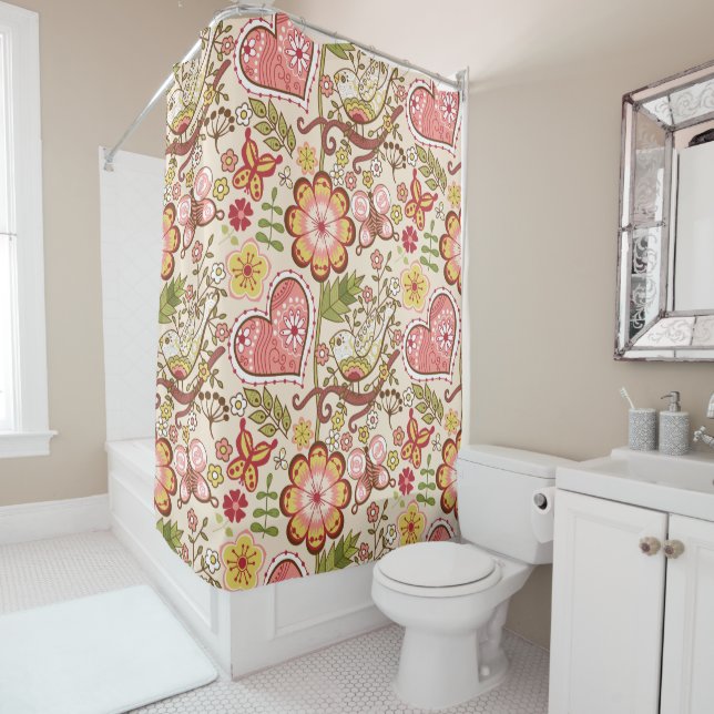 Whimsical Birds, Flowers, Hearts Shower Curtain (In Situ)