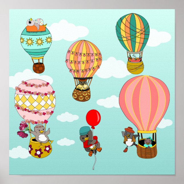 Whimsical Birds in Hot Air Balloons Illustration Poster (Front)