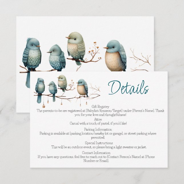 Whimsical Birds on Branches  Pastel Baby Shower Enclosure Card (Front/Back)