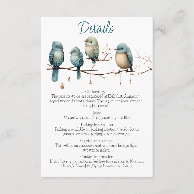 Whimsical Birds on Branches  Pastel Baby Shower Enclosure Card (Front)