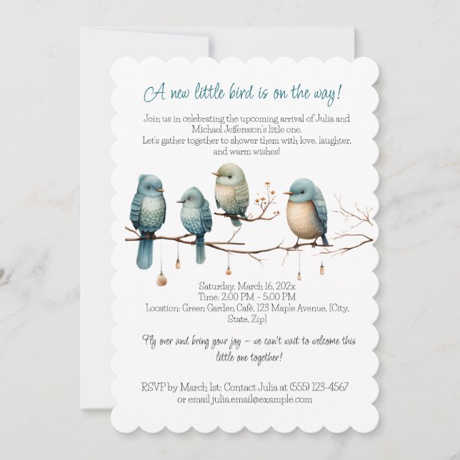 Whimsical Birds on Branches  Pastel Baby Shower Invitation (Front)