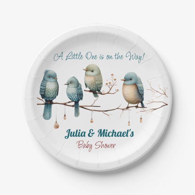Whimsical Birds on Branches  Pastel Baby Shower Paper Plate (Front)
