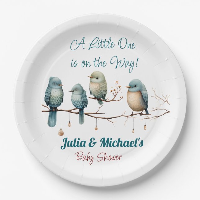 Whimsical Birds on Branches  Pastel Baby Shower Paper Plate (Front)
