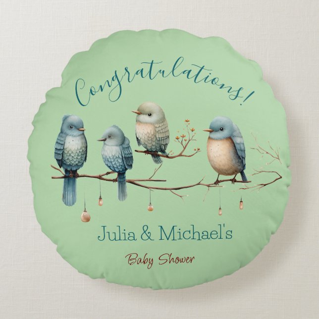Whimsical Birds on Branches  Pastel Baby Shower Round Cushion (Front)