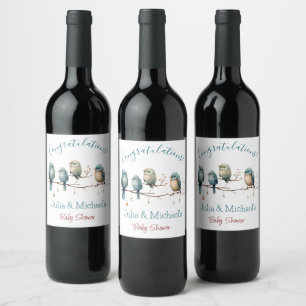 Whimsical Birds on Branches Pastel Baby Shower Wine Label