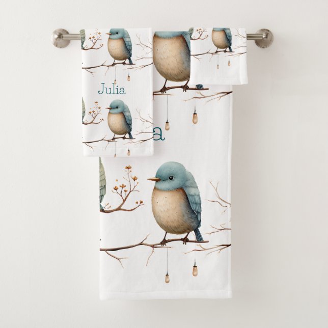 Whimsical Birds on Branches Timeless Elegance Bath Towel Set (Insitu)
