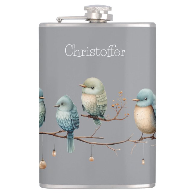 Whimsical Birds on Branches Timeless Elegance Hip Flask (Front)