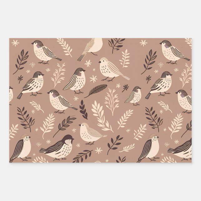 Whimsical Birds Pattern Wrapping Paper Sheet (Front)