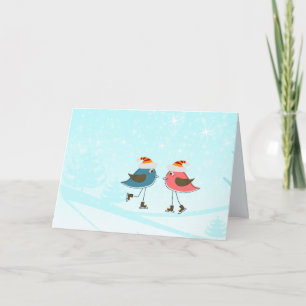 Whimsical Birds Skating Santa Hat Christmas Xmas Holiday Card