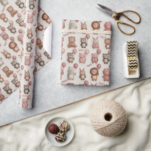 Whimsical Birthday Animals – Pink & Beige Party Wrapping Paper