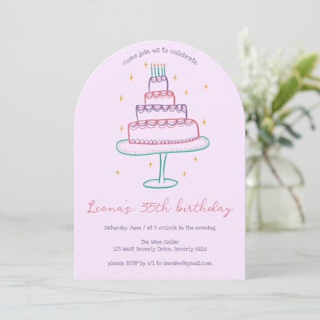 Whimsical Birthday Cake Custom Colourful Party Arc Invitation (Standing Front)