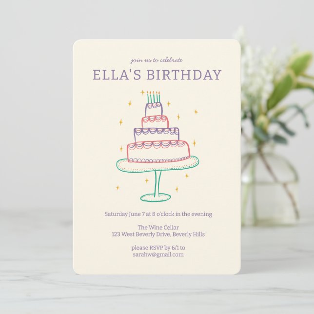 Whimsical Birthday Cake Cute Custom Colourful Part Invitation (Standing Front)