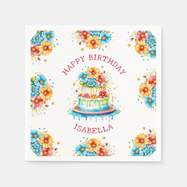 Whimsical Birthday Cake Illustration Personalised  Napkin (Front)