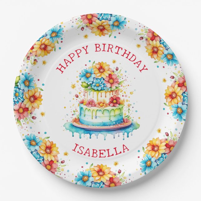 Whimsical Birthday Cake Illustration Personalised  Paper Plate (Front)