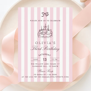 Whimsical, birthday cake, Pink Bow & Stripes Invitation