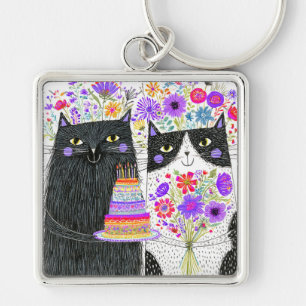 Whimsical Birthday Cats Floral Bouquet Key Ring