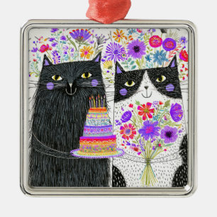 Whimsical Birthday Cats Floral Bouquet Metal Tree Decoration