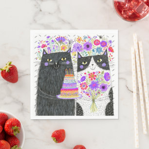 Whimsical Birthday Cats Floral Bouquet Napkin