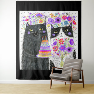 Whimsical Birthday Cats Floral Bouquet Tapestry