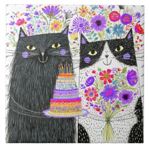 Whimsical Birthday Cats Floral Bouquet Tile