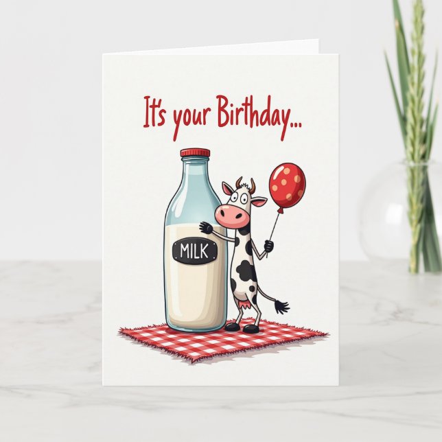 Whimsical Birthday Cow Balloon Card (Front)