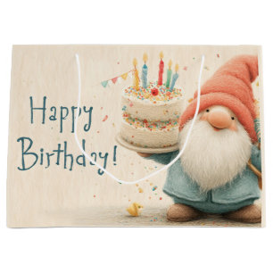 Whimsical Birthday Greeting: Gnome Holding a Cake Large Gift Bag