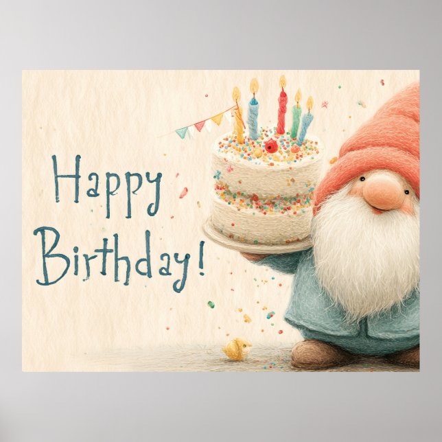 Whimsical Birthday Greeting: Gnome Holding a Cake Poster (Front)