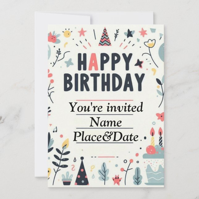 Whimsical Birthday Invitation - Colourful Party  (Front)