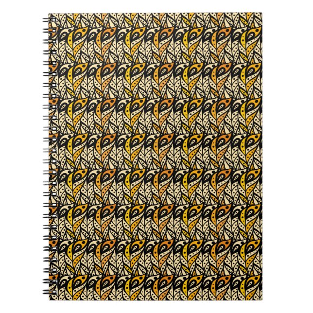 Whimsical black and gold peacock feather pattern notebook (Front)
