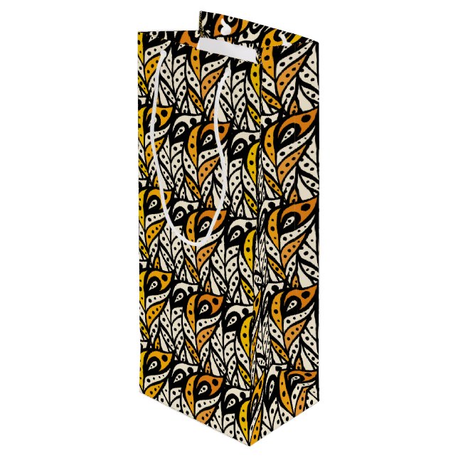 Whimsical black and gold peacock feather pattern wine gift bag (Back Angled)
