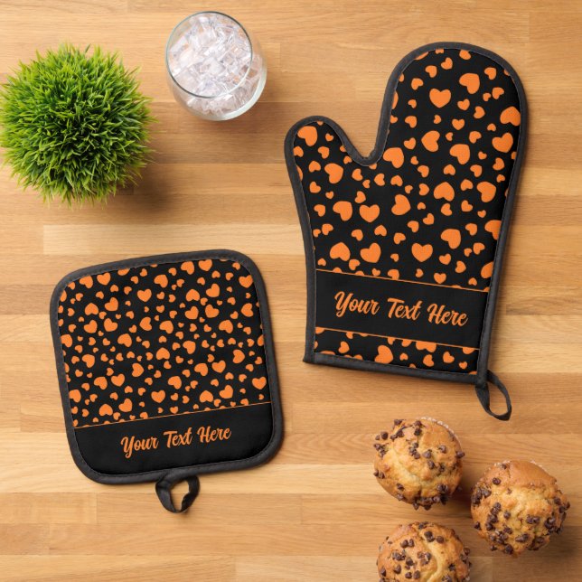Whimsical Black and Orange Hearts Pattern Oven Mitt & Pot Holder Set (Top Down)
